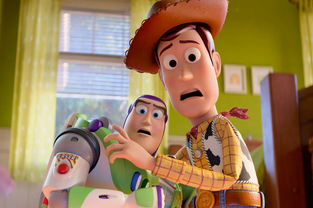 Buzz Lightyear, voiced by Tim Allen, left, and Woody, voiced by Tom Hanks, in a scene from "Toy Story 5."